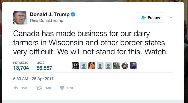 Trump on dairy via Twitter