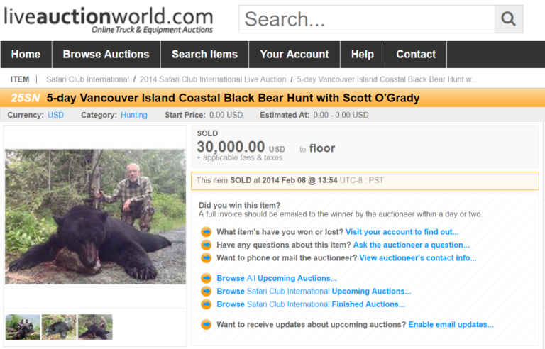 screen shot from trophy hunting auction