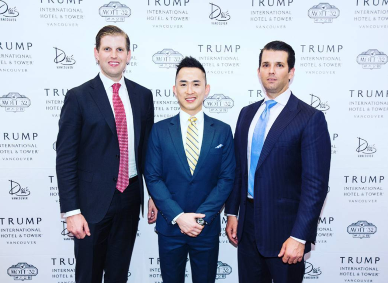 Trump Tower Vancouver owner Joo Kim Tiah with Eric Trump and Donald Trump Jr.