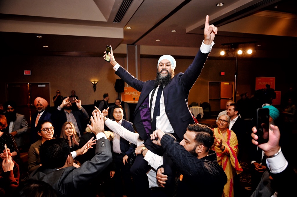NDP leader Jagmeet Singh dances with supporters after winning a seat in Burnaby Monday night. Photo by Joshua Berson / NDP