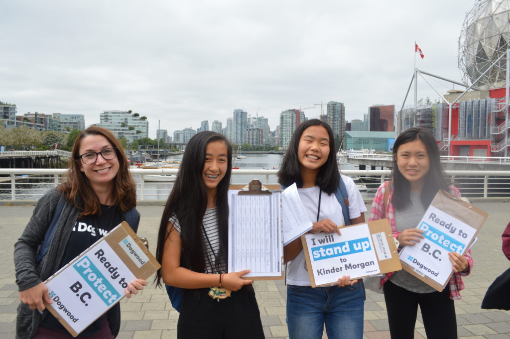 Four young people hold up clipboards in front of Science World