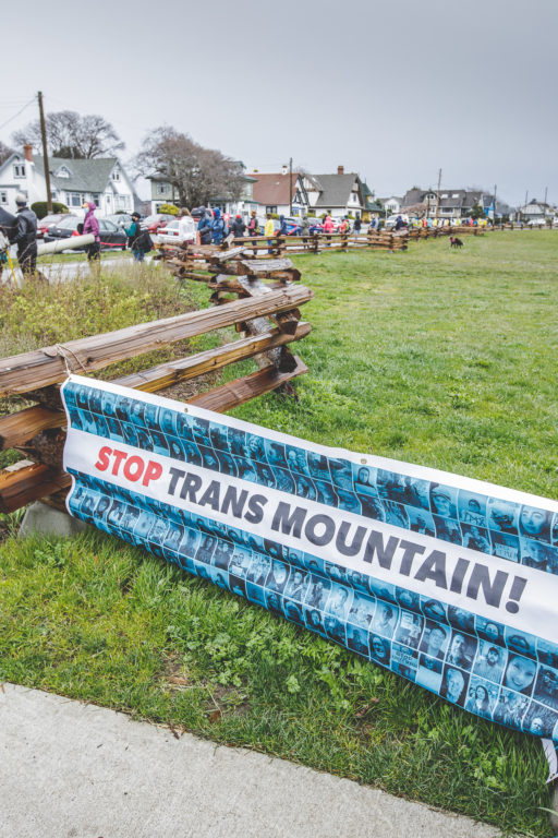 Stop TMX banner at Victoria red line event against Trans Mountain