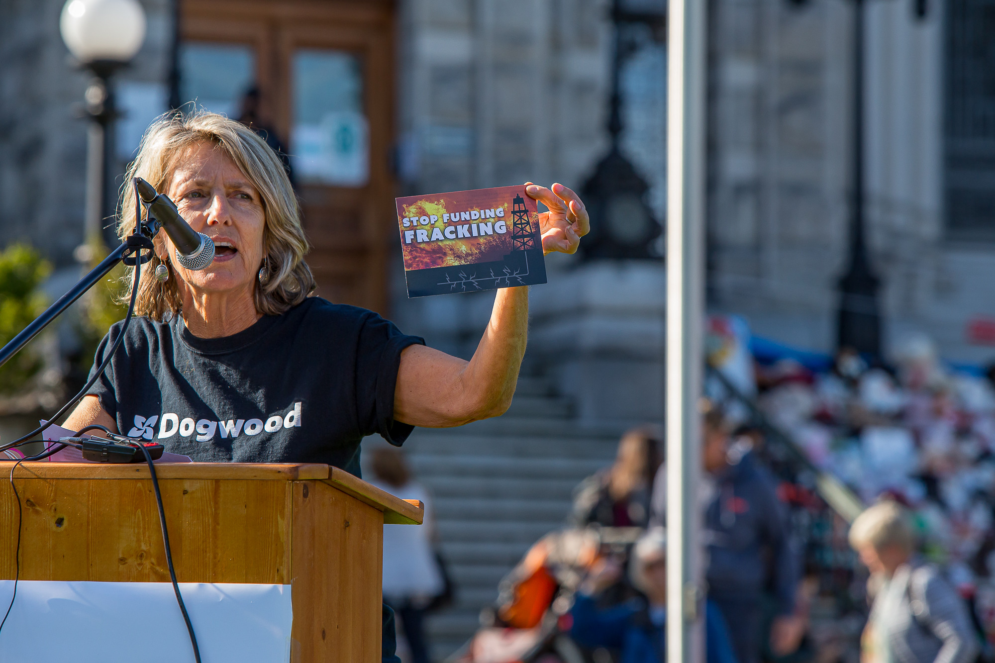 Dogwood organizing director Cheryl Cameron speaks at a 'Stop Funding Fracking' rally outside the B.C. legislature