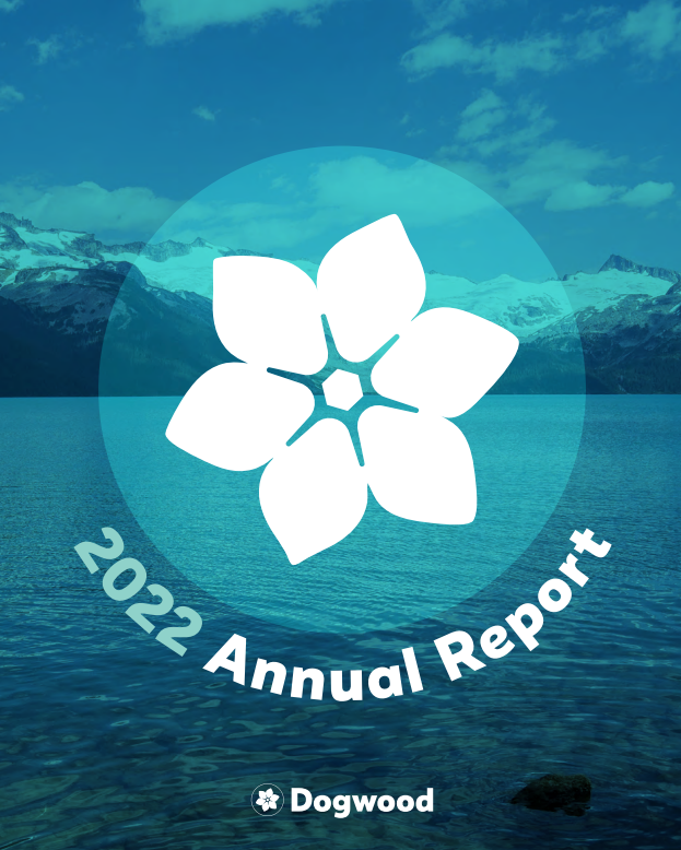 Cover of Annual report: background image of lake with snowy mountains in the distance, blue filtered, with the Dogwood flower icon in the centre middle and 2022 Annual Report written underneath.