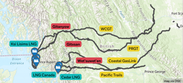 Map showing four pipelines in northern BC with provincial permits