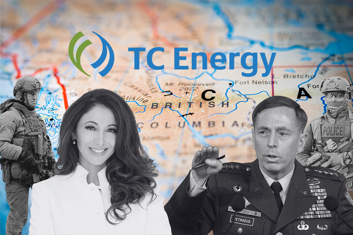 A map of British Columbia overlaid with the TC Energy logo, portraits of U.S. spy Julia Nesheiwat, former CIA director General David Petraeus, and members of the RCMP in tactical gear